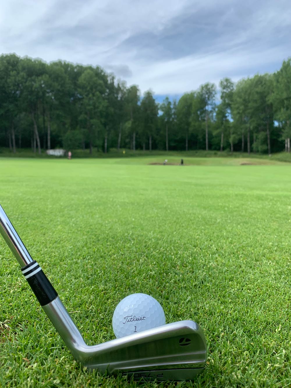 Golfklubba och boll i fokus på en golfbana.